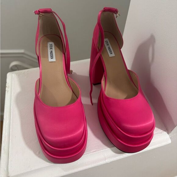 Steve Madden Charlize Pink Satin Double Platform Ankle Strap Pumps - Picture 5 of 11